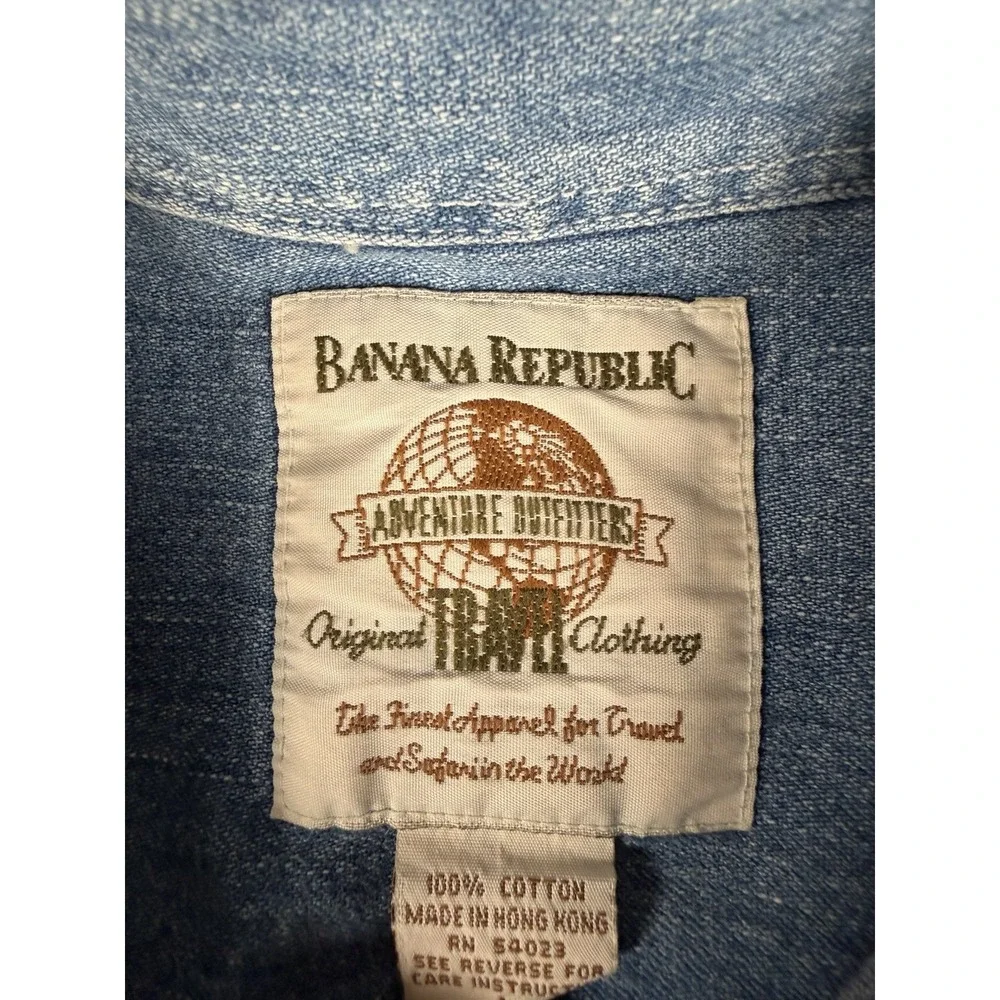 Vtg 80s Banana Republic Safari Denim Guide Shirt Men L Travel Adventure